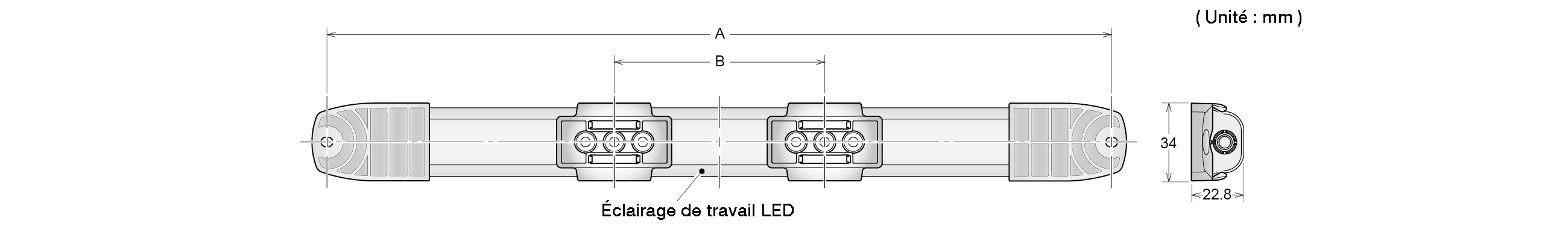 Dessin coté : éclairage de travail LED à deux platines de fixation, avec la longueur totale A, l'entraxe B et une section de 34 × 22,8 mm, unité mm