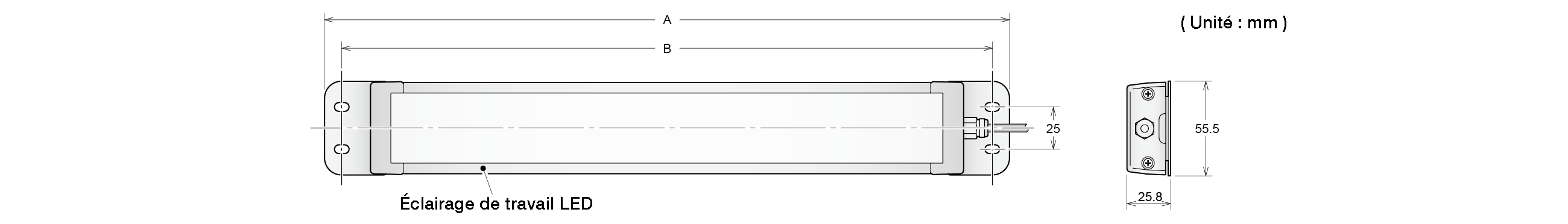Dessin coté : éclairage de travail LED sur supports d'extrémité plats, avec la longueur totale A, la longueur du corps B, un entraxe de 25 mm et un support de 55,5 × 25,8 mm, unité mm