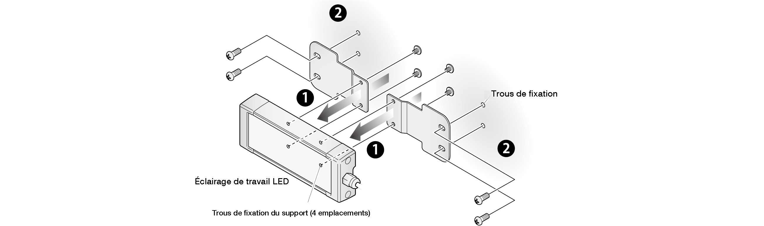 Vue éclatée : un support plat est monté à chaque extrémité de l'éclairage de travail LED sur les quatre trous de fixation du support, puis fixé par les trous de fixation