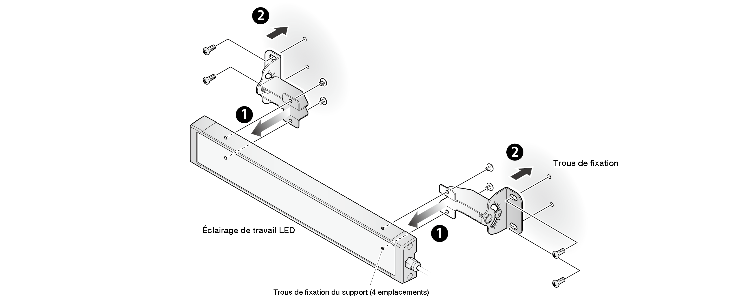 Vue éclatée : un support inclinable est monté à chaque extrémité de l'éclairage de travail LED sur les quatre trous de fixation du support, puis fixé par les trous de fixation