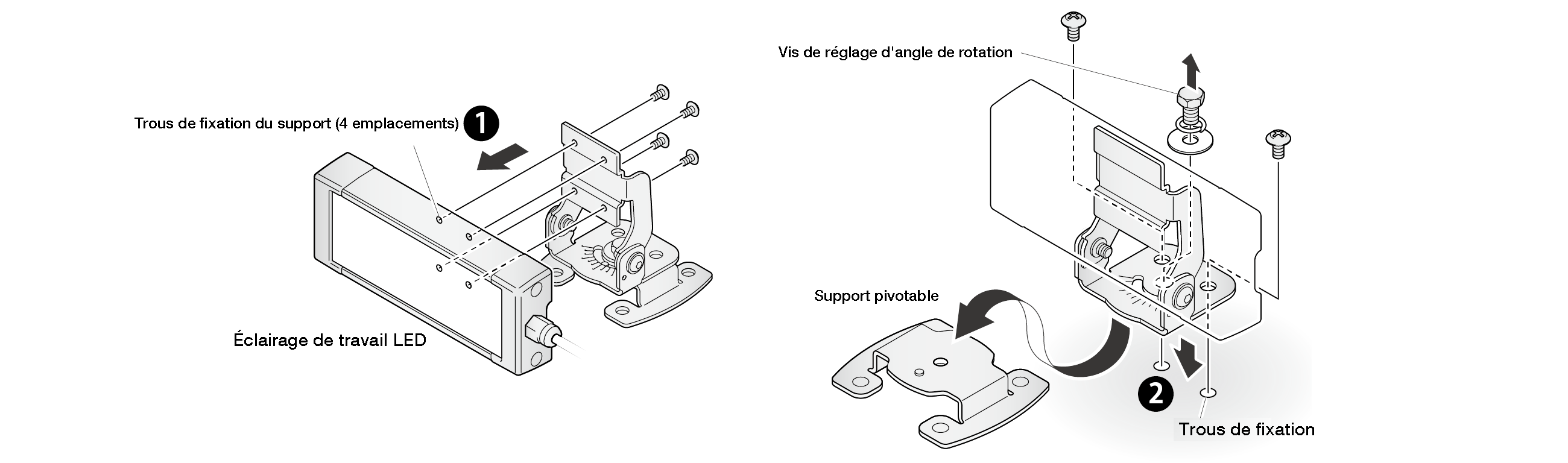 Vue éclatée en deux étapes : le support est monté sur l'éclairage de travail LED, puis le support pivotable est placé en dessous et bloqué par la vis de réglage d'angle de rotation via les trous de fixation
