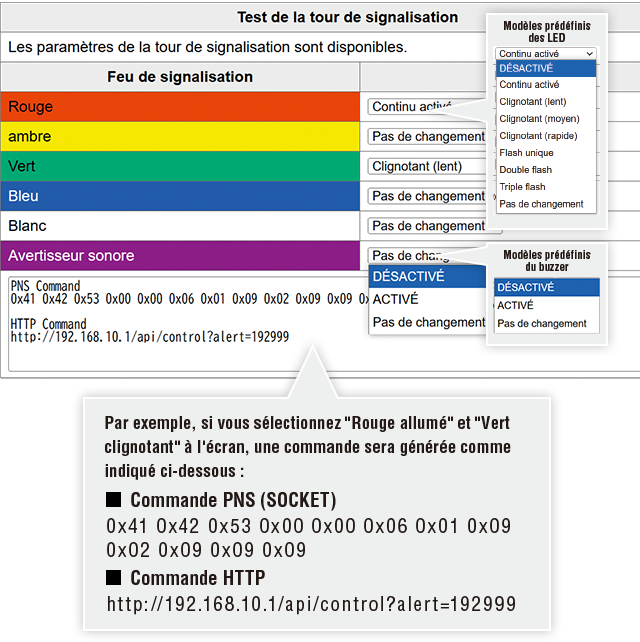 Image du logiciel de commande de la colonne lumineuse