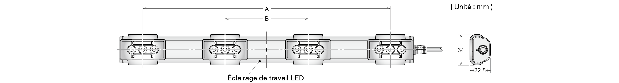 Dessin coté : éclairage de travail LED en vues de face et de côté, avec les entraxes A et B et une section de 34 × 22,8 mm, unité mm